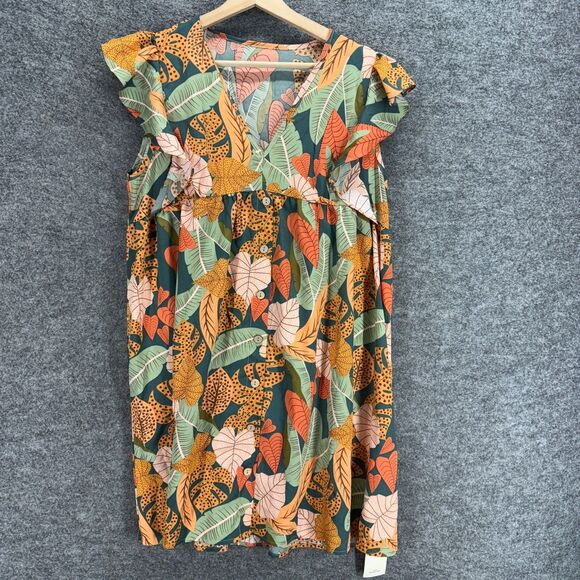 New SheIn Dress Women L Large Green Floral Shift Midi V-Neck Button Short Sleeve - Picture 1 of 7
